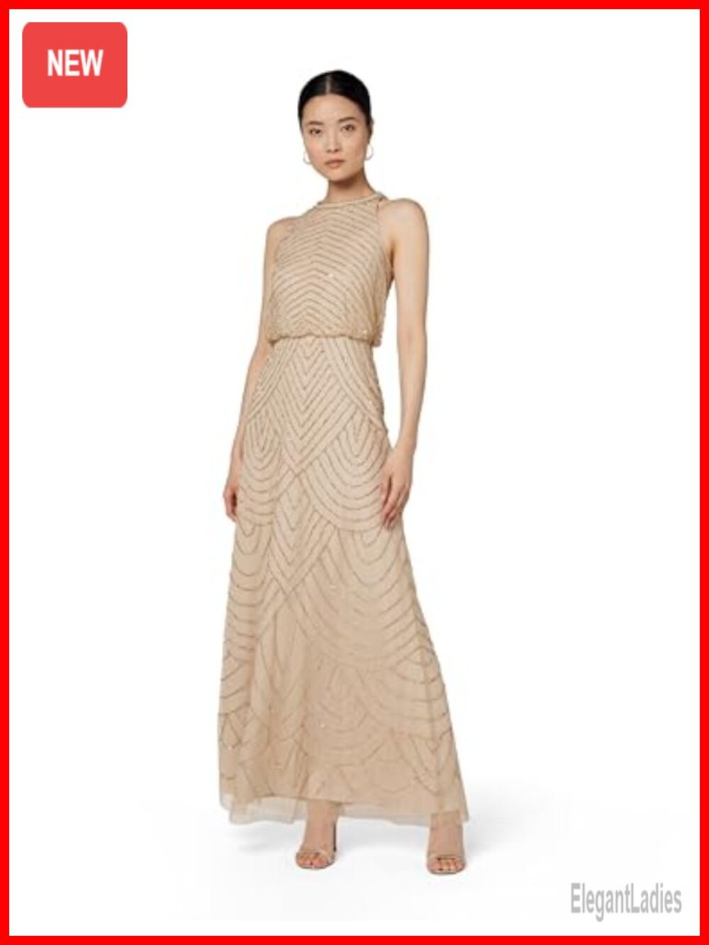 Beaded Halter Long Gown Sleeveless Blouson Formal Evening Dress